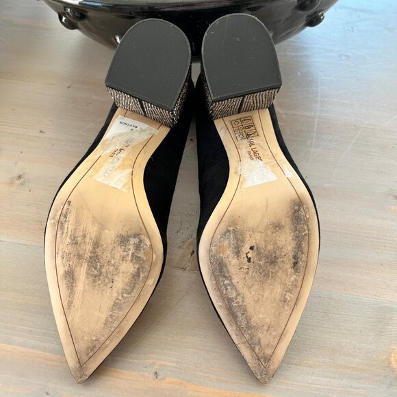 Karl Largerfeld Black Suede Rhinestone Block Heel Pumps - Picture 8 of 8